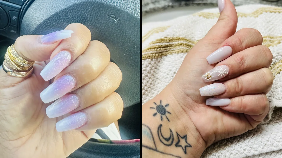 Nail salon manicure station with polish bottles